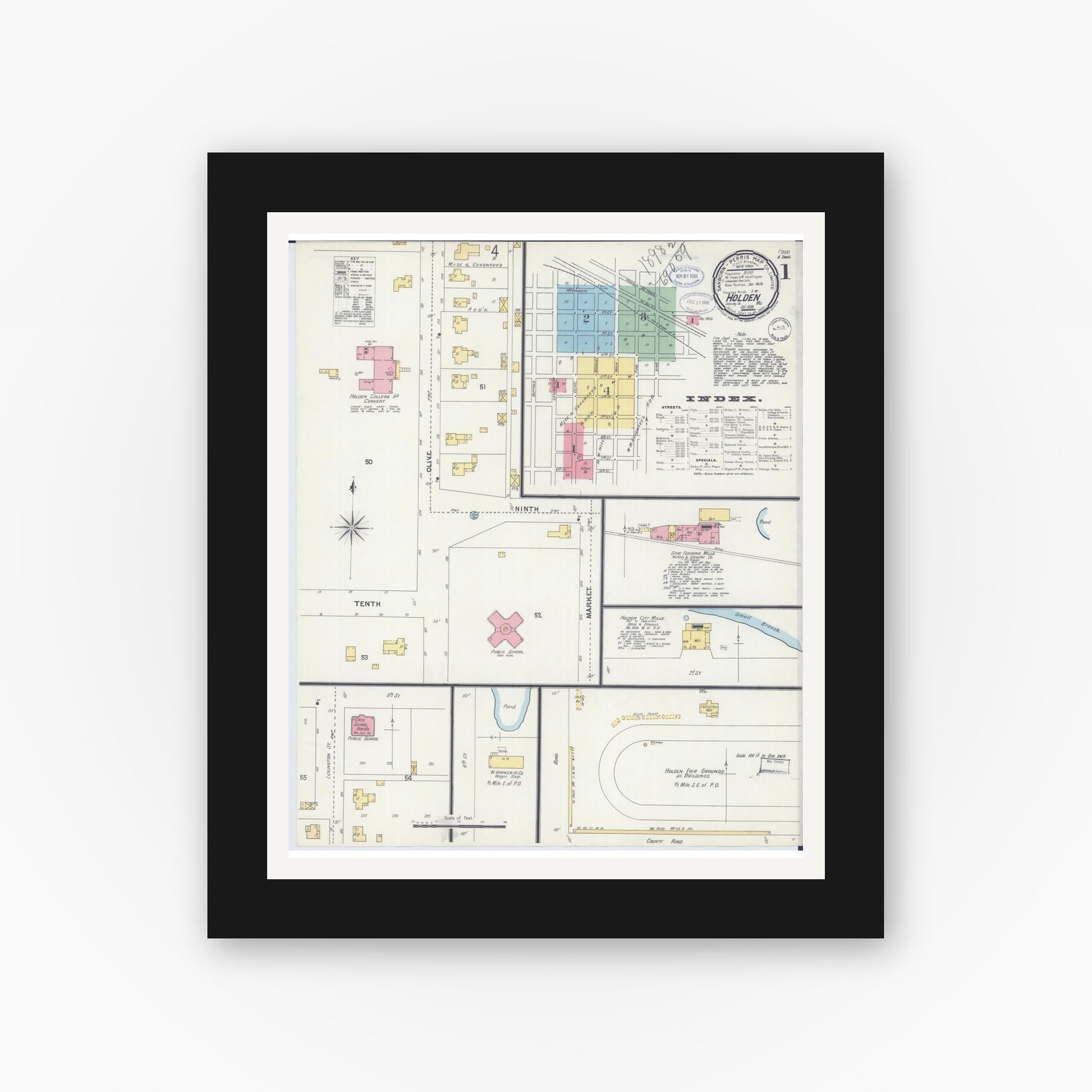 Old map wall art mockup — black gallery frame with white mat — Sanborn Fire Insurance Map from Holden, Johnson County, Missouri (1898) - Complete Map Set