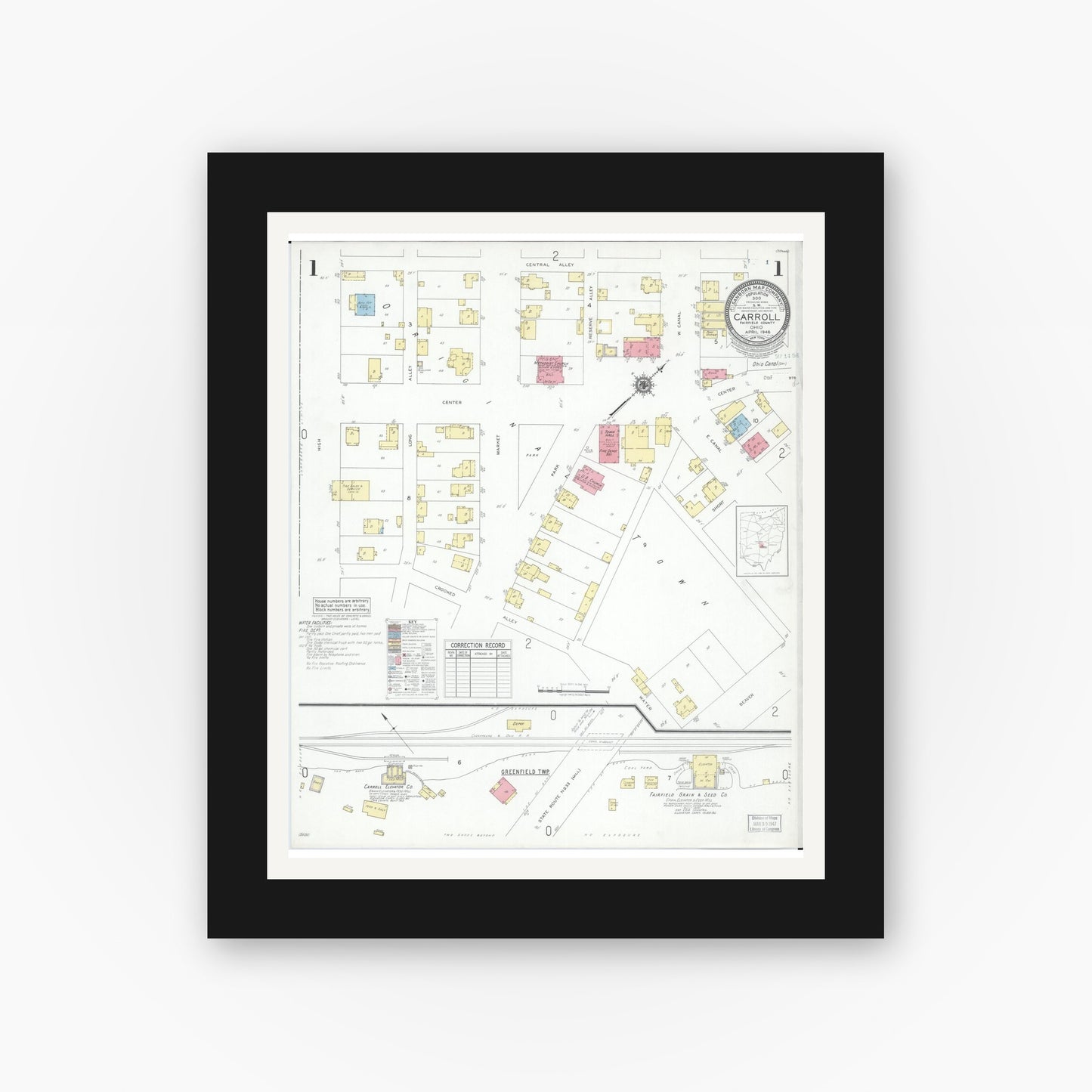 Old map wall art mockup — black gallery frame with white mat — Sanborn Fire Insurance Map from Carroll, Fairfield County, Ohio (1946) - Complete Map Set