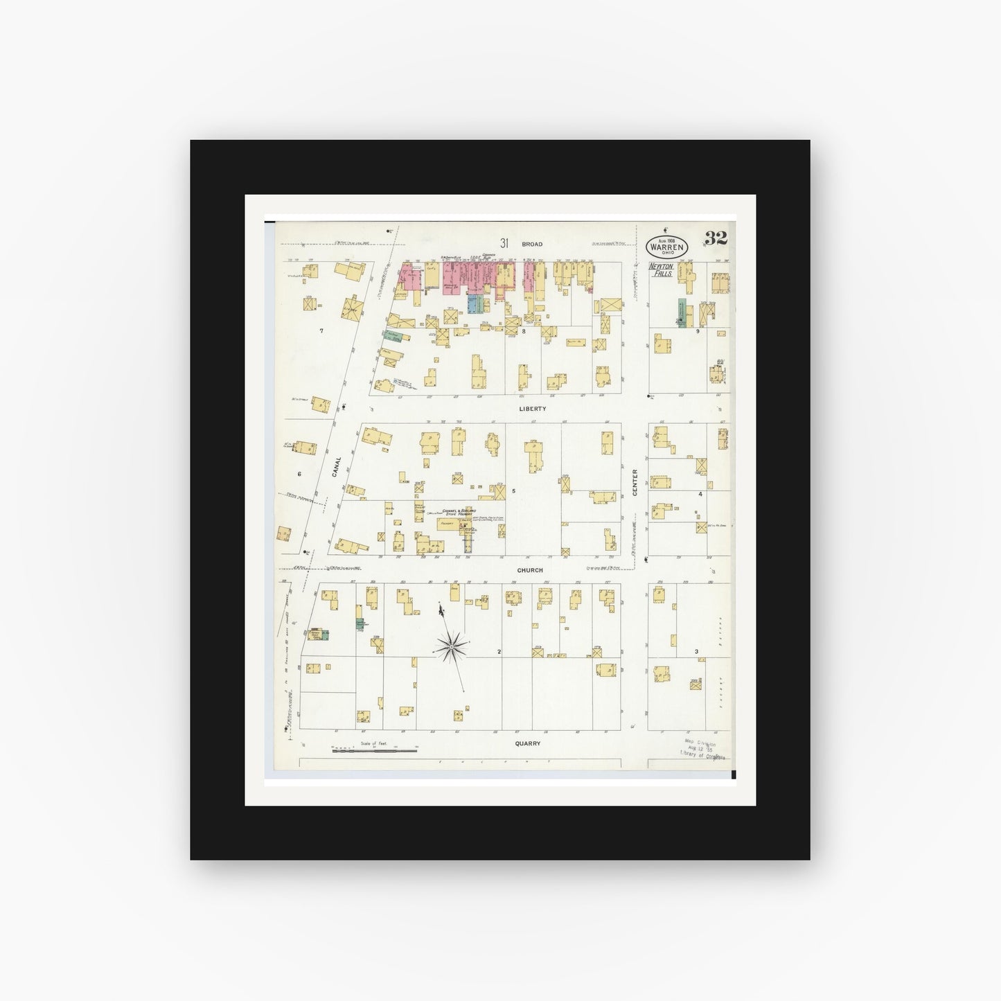 Old map wall art mockup — black gallery frame with white mat — Sanborn Fire Insurance Map from Warren, Trumbull County, Ohio (1908), Sheet #0032
