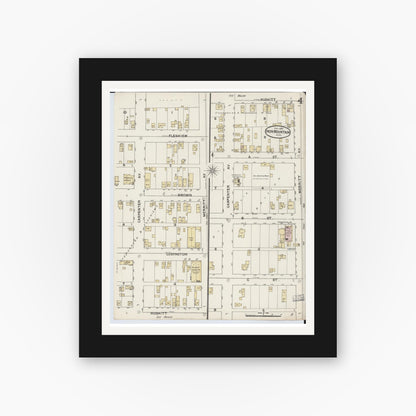 Old map wall art mockup — black gallery frame with white mat — Sanborn Fire Insurance Map from Iron Mountain, Dickinson County, Michigan (1888), Sheet #0004