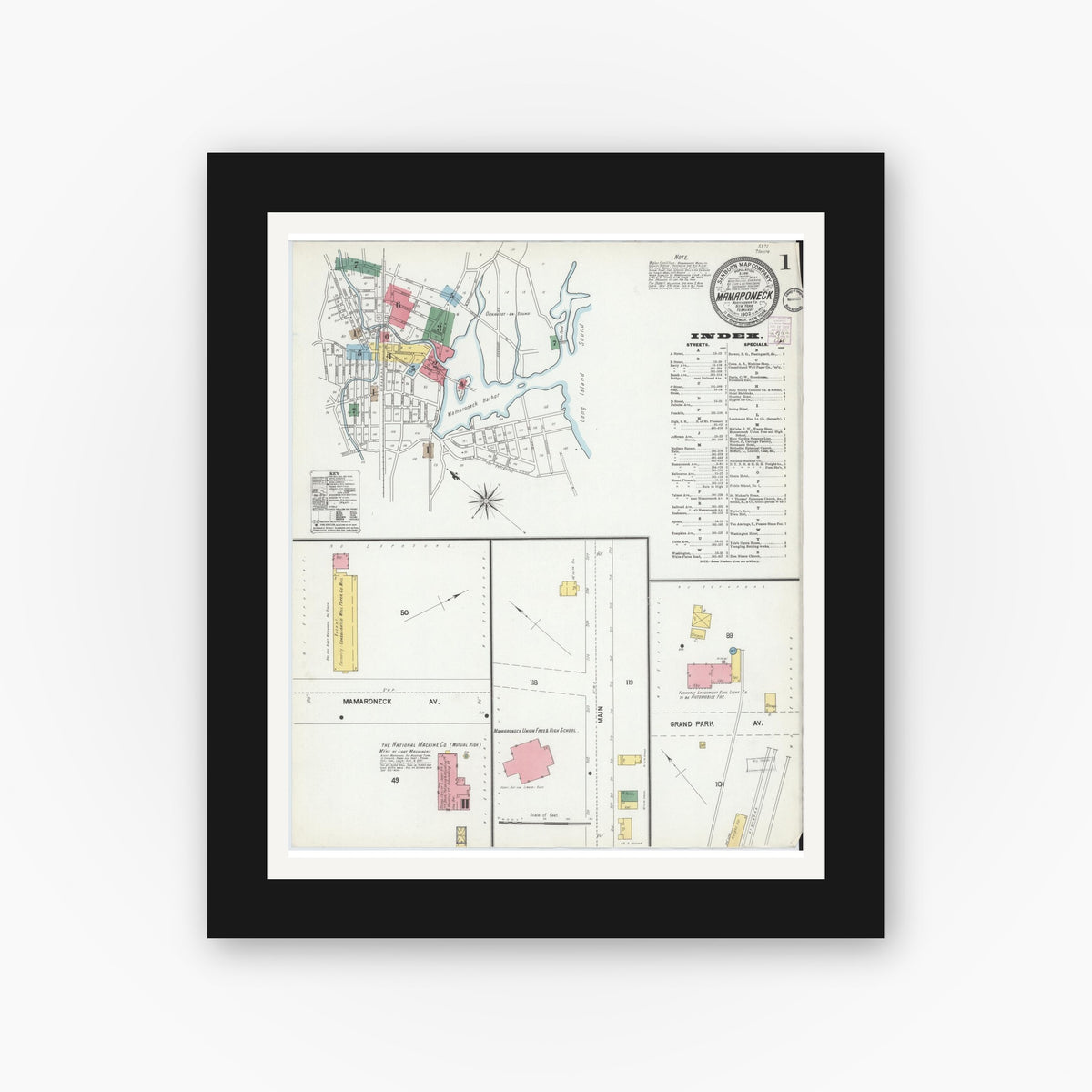 Old map wall art mockup — black gallery frame with white mat — Sanborn Fire Insurance Map from Mamaroneck, Westchester County, New York (1902) - Complete Map Set