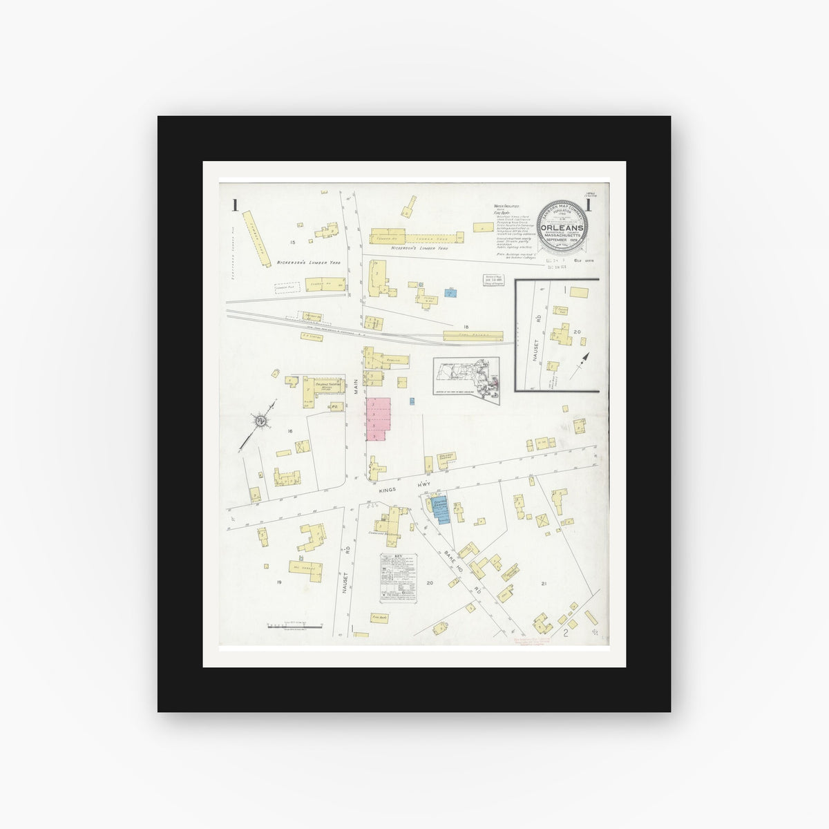 Old map wall art mockup — black gallery frame with white mat — Sanborn Fire Insurance Map from Orleans, Barnstable County, Massachusetts (1929), Sheet #0001