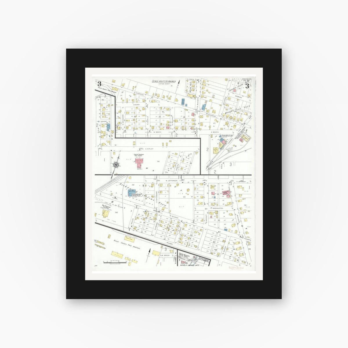 Old map wall art mockup — black gallery frame with white mat — Sanborn Fire Insurance Map from Osgood, Ripley County, Indiana (1941), Sheet #0003