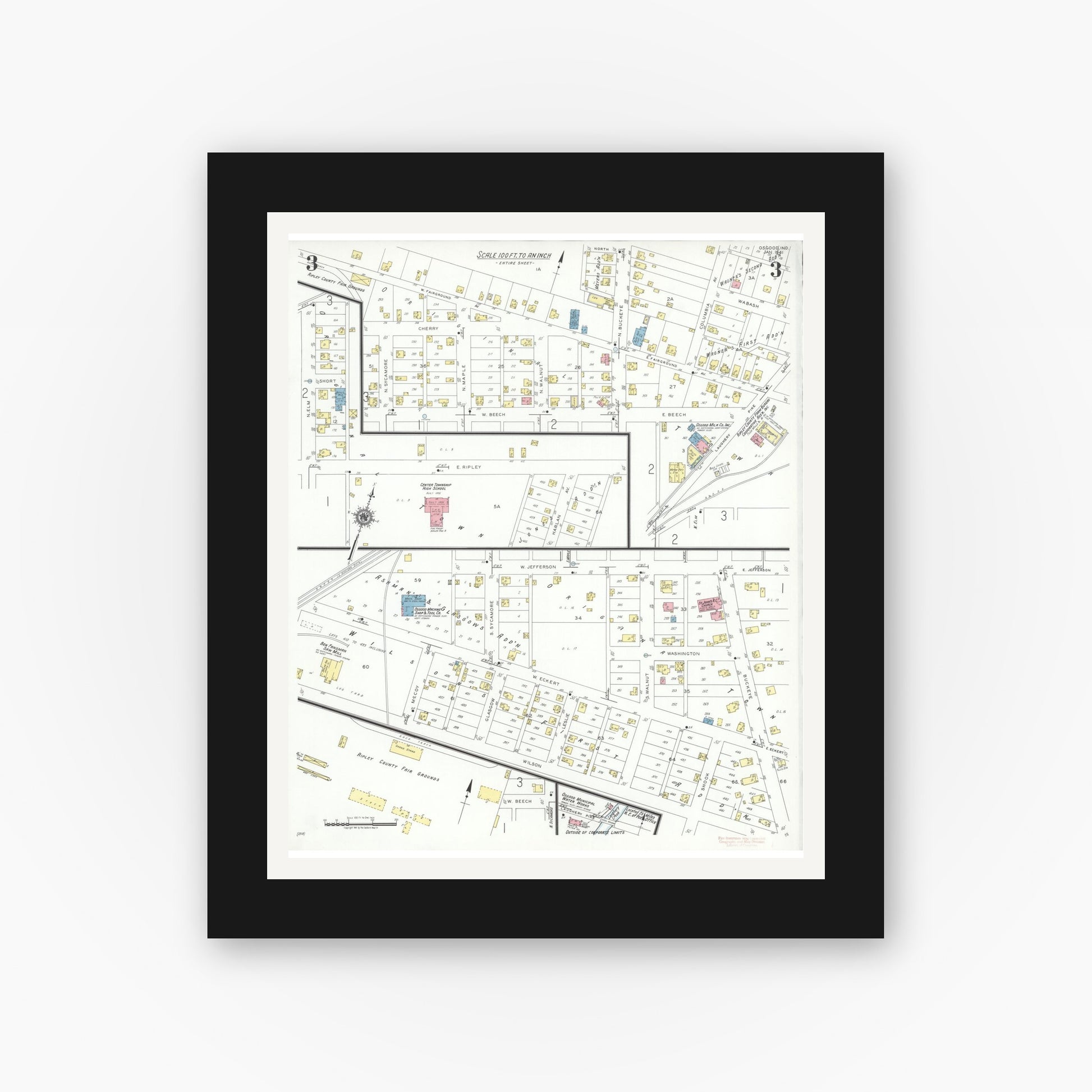 Old map wall art mockup — black gallery frame with white mat — Sanborn Fire Insurance Map from Osgood, Ripley County, Indiana (1941), Sheet #0003