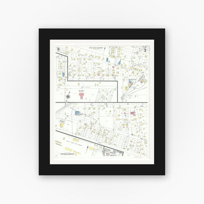 Old map wall art mockup — black gallery frame with white mat — Sanborn Fire Insurance Map from Osgood, Ripley County, Indiana (1941), Sheet #0003