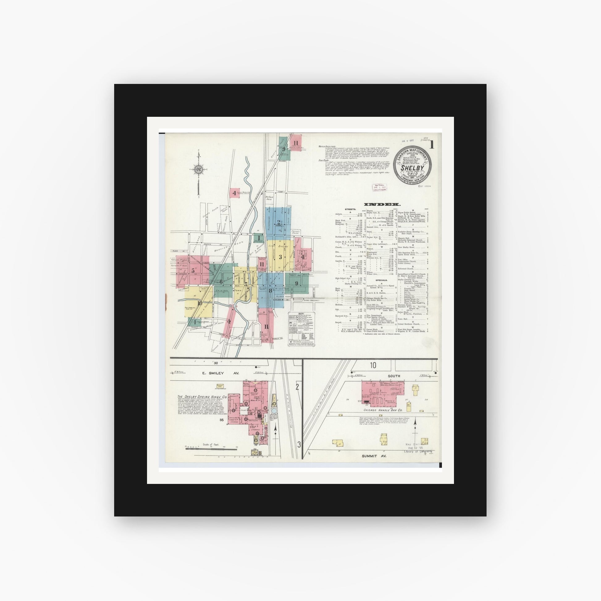 Old map wall art mockup — black gallery frame with white mat — Sanborn Fire Insurance Map from Shelby, Richland County, Ohio (1911), Sheet #0001