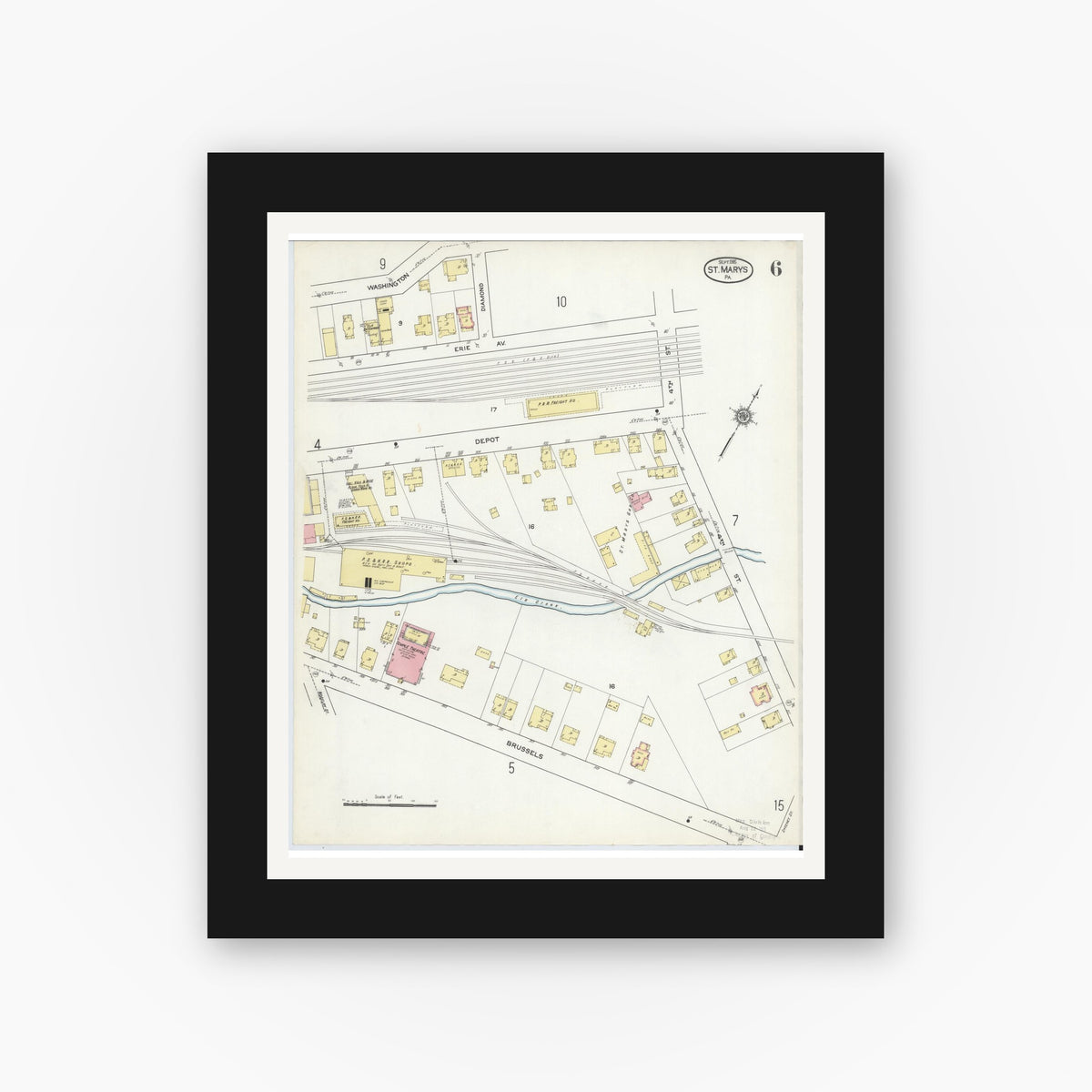 Old map wall art mockup — black gallery frame with white mat — Sanborn Fire Insurance Map from Saint Marys, Elk County, Pennsylvania (1915), Sheet #0006