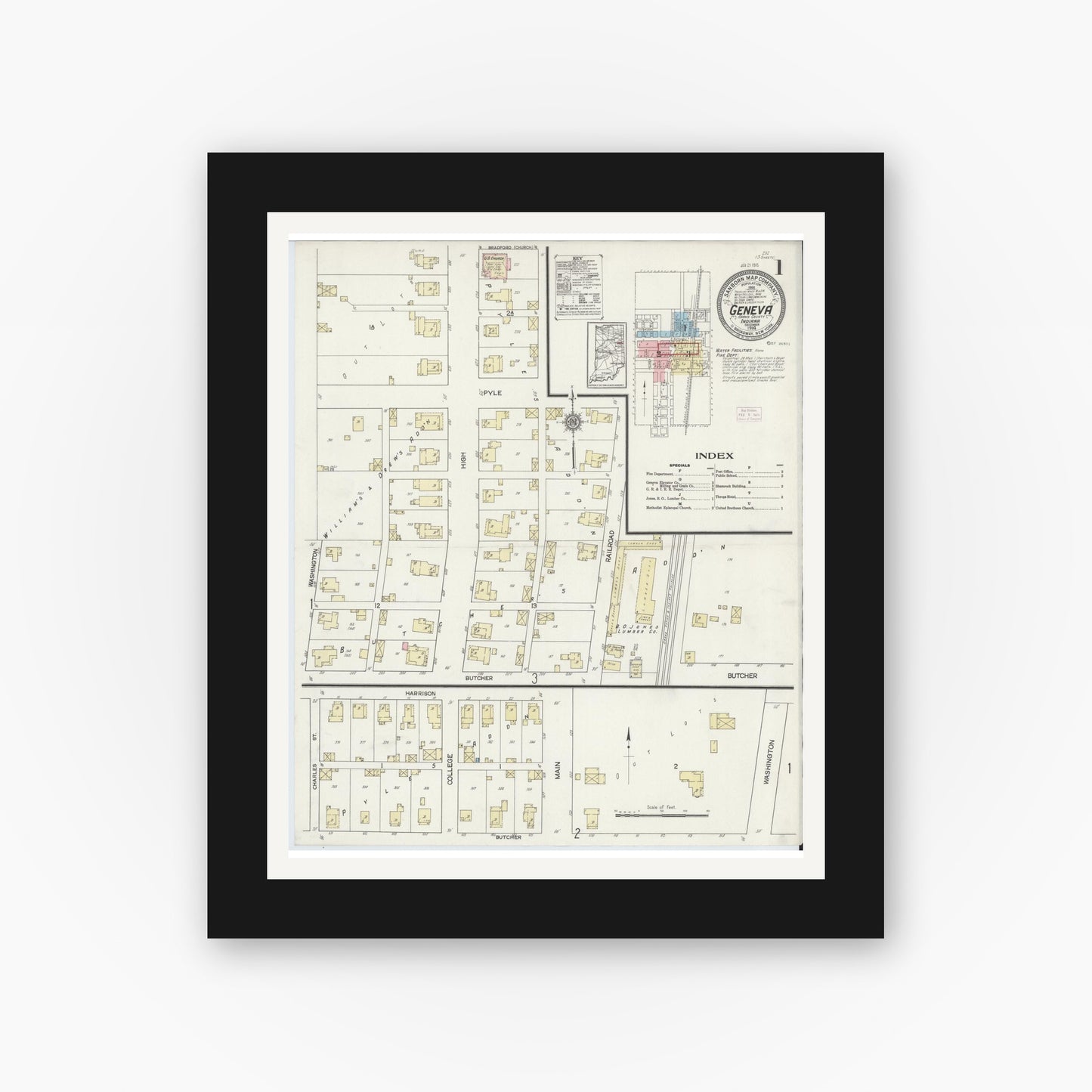 Old map wall art mockup — black gallery frame with white mat — Sanborn Fire Insurance Map from Geneva, Adams County, Indiana (1914) - Complete Map Set