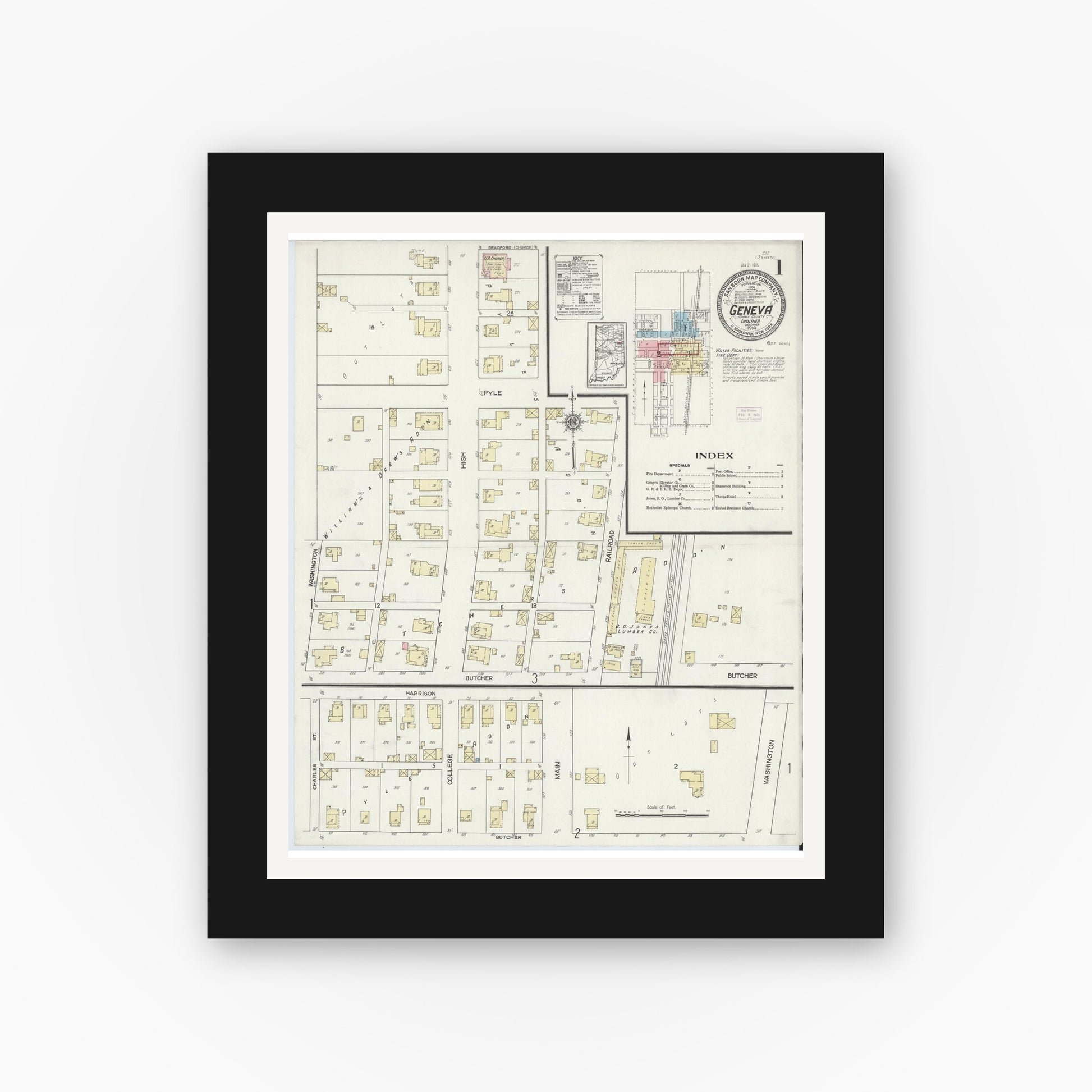 Old map wall art mockup — black gallery frame with white mat — Sanborn Fire Insurance Map from Geneva, Adams County, Indiana (1914) - Complete Map Set