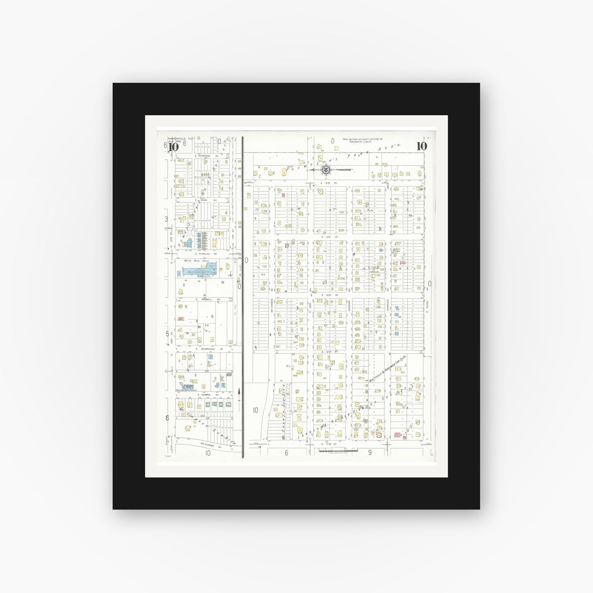 Old map wall art mockup — black gallery frame with white mat — Sanborn Fire Insurance Map from Raymondville, Willacy County, Texas (1948), Sheet #0010
