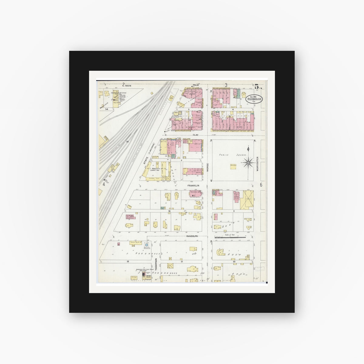 Old map wall art mockup — black gallery frame with white mat — Sanborn Fire Insurance Map from Roodhouse, Greene County, Illinois (1906), Sheet #0005