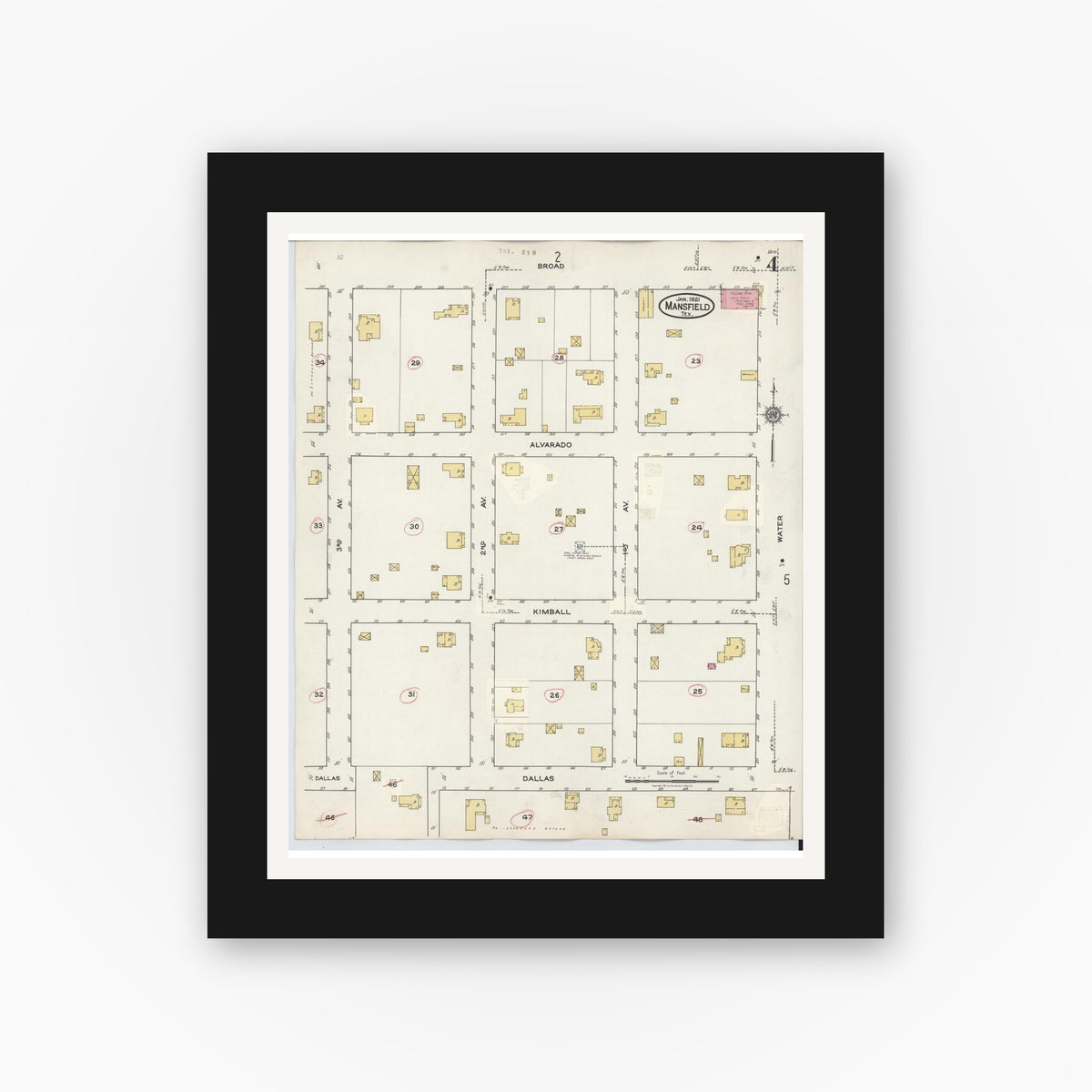 Old map wall art mockup — black gallery frame with white mat — Sanborn Fire Insurance Map from Mansfield, Tarrant County, Texas (1933), Sheet #0004