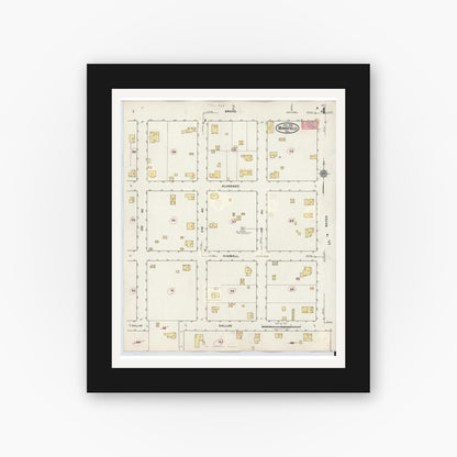 Old map wall art mockup — black gallery frame with white mat — Sanborn Fire Insurance Map from Mansfield, Tarrant County, Texas (1933), Sheet #0004