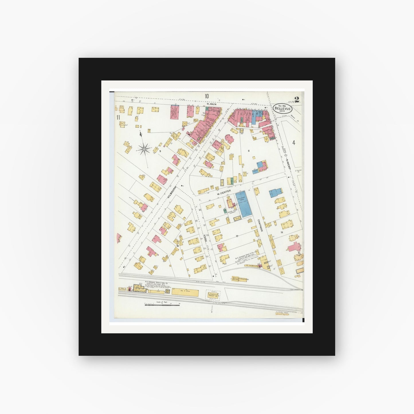 Old map wall art mockup — black gallery frame with white mat — Sanborn Fire Insurance Map from Bellevue, Huron And Sandusky County, Ohio (1906), Sheet #0002