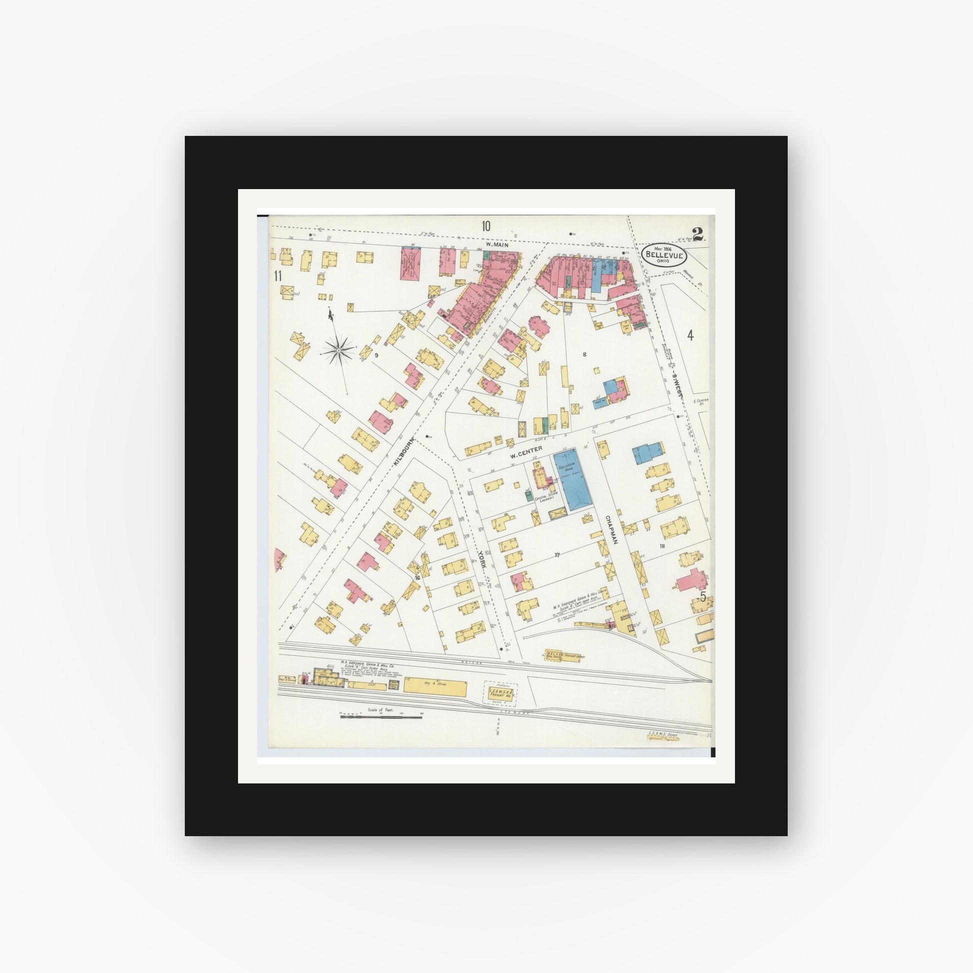 Old map wall art mockup — black gallery frame with white mat — Sanborn Fire Insurance Map from Bellevue, Huron And Sandusky County, Ohio (1906), Sheet #0002