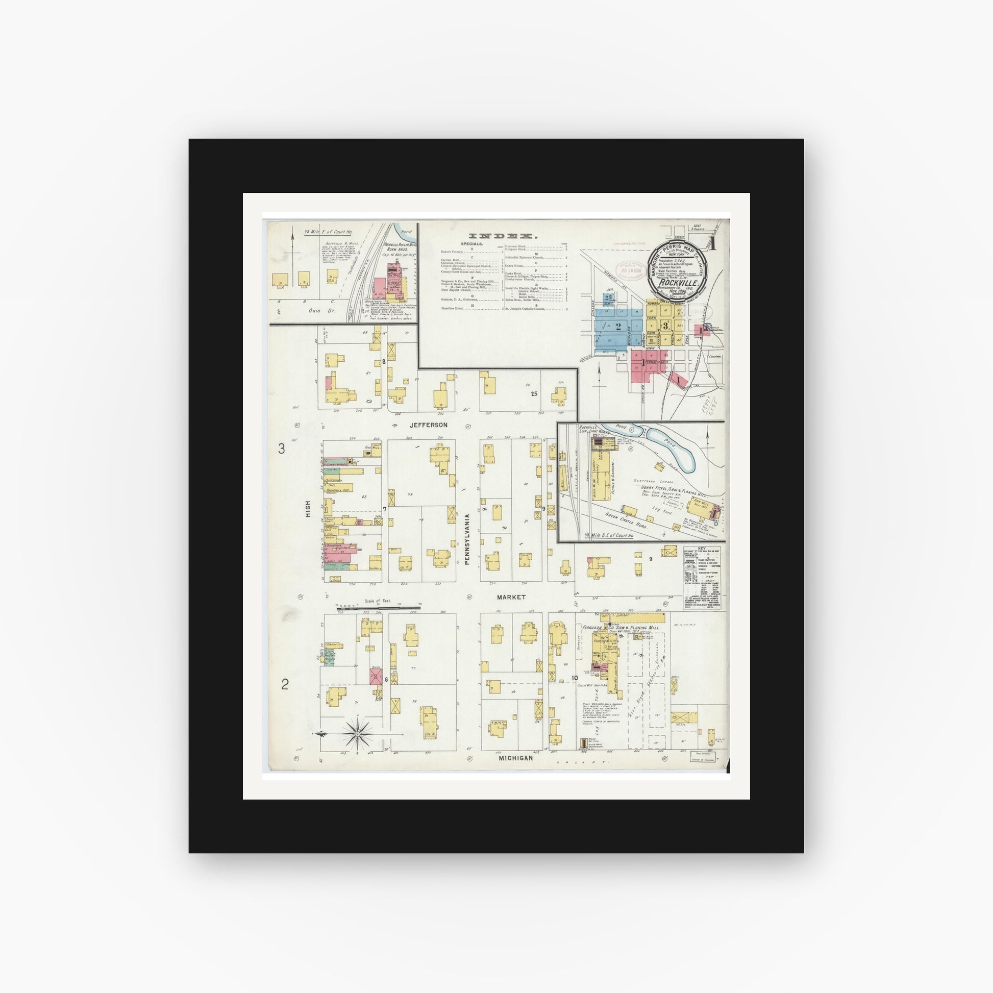 Old map wall art mockup — black gallery frame with white mat — Sanborn Fire Insurance Map from Rockville, Parke County, Indiana (1898) - Complete Map Set