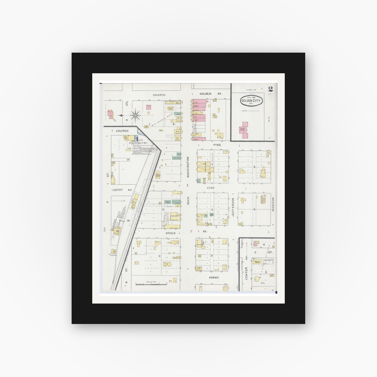 Old map wall art mockup — black gallery frame with white mat — Sanborn Fire Insurance Map from Golden City, Barton County, Missouri (1894), Sheet #0002