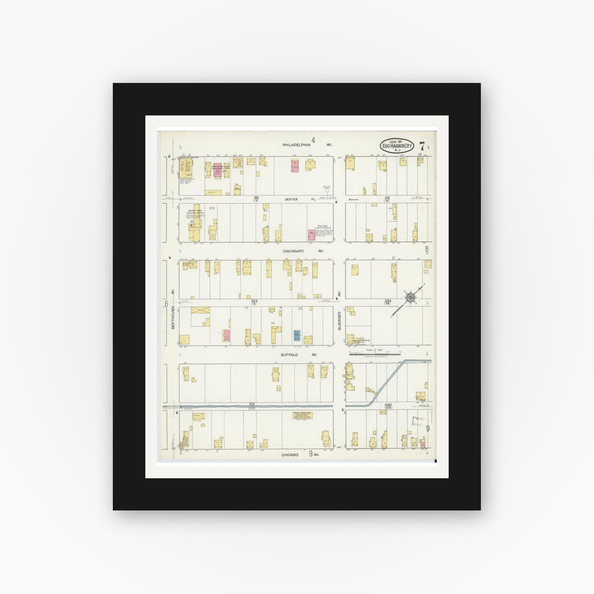 Old map wall art mockup — black gallery frame with white mat — Sanborn Fire Insurance Map from Egg Harbor City, Atlantic County, New Jersey (1917), Sheet #0007