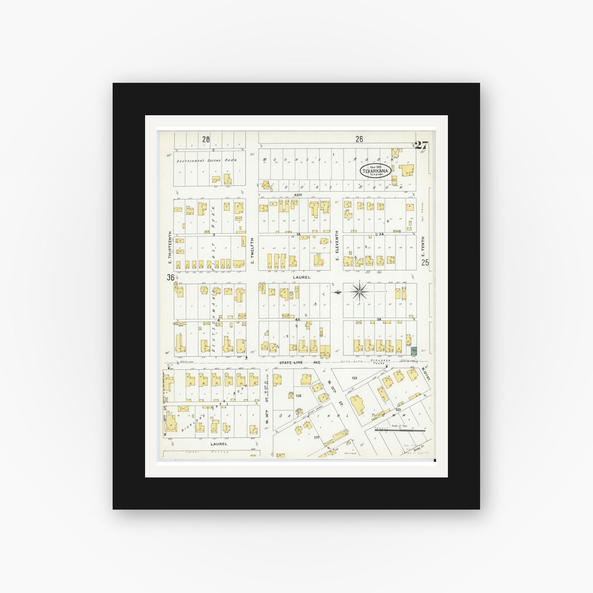 Old map wall art mockup — black gallery frame with white mat — Sanborn Fire Insurance Map from Texarkana, Bowie County, Texas (1909), Sheet #0027