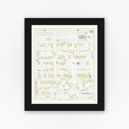 Old map wall art mockup — black gallery frame with white mat — Sanborn Fire Insurance Map from Texarkana, Bowie County, Texas (1909), Sheet #0027
