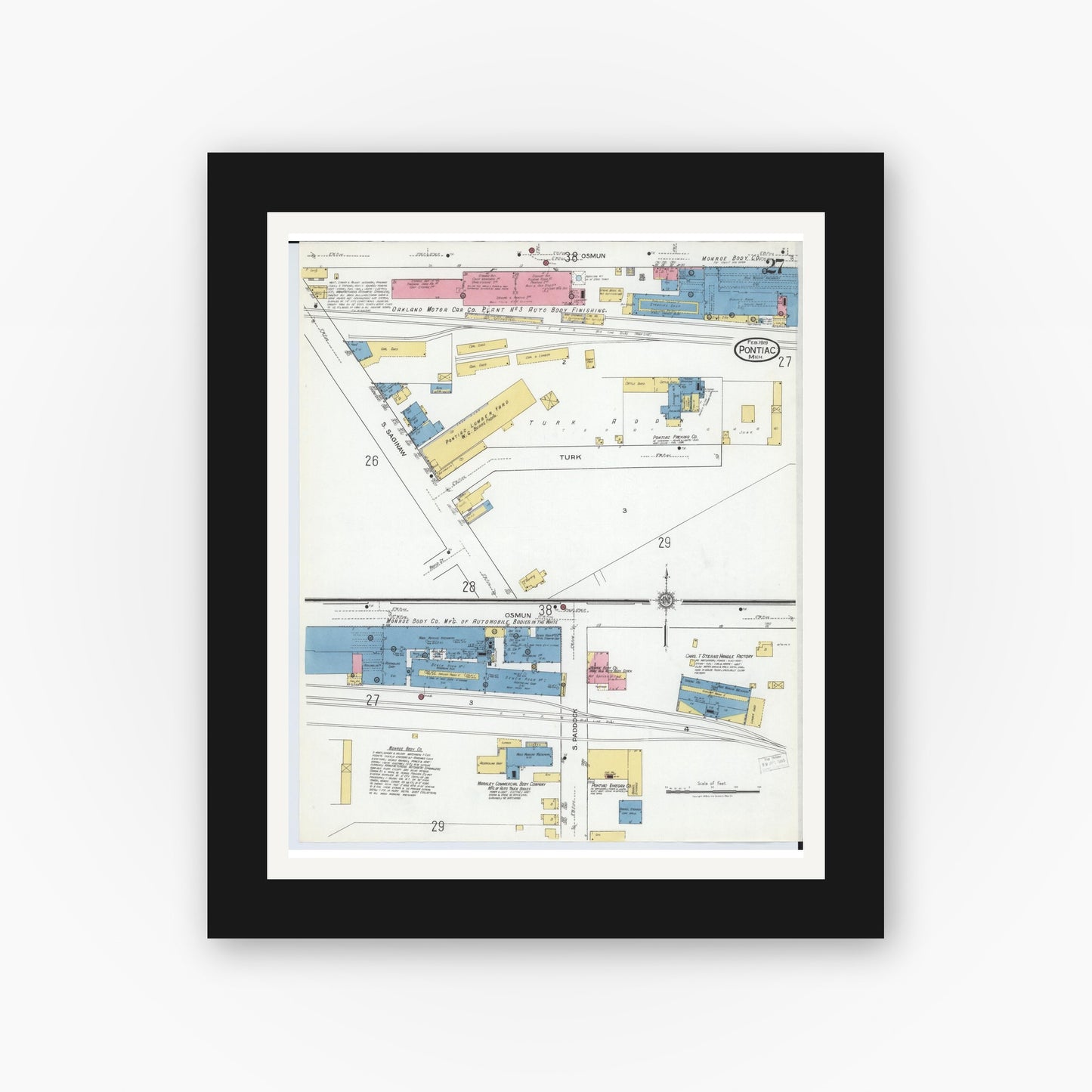 Old map wall art mockup — black gallery frame with white mat — Sanborn Fire Insurance Map from Pontiac, Oakland County, Michigan (1919), Sheet #0027