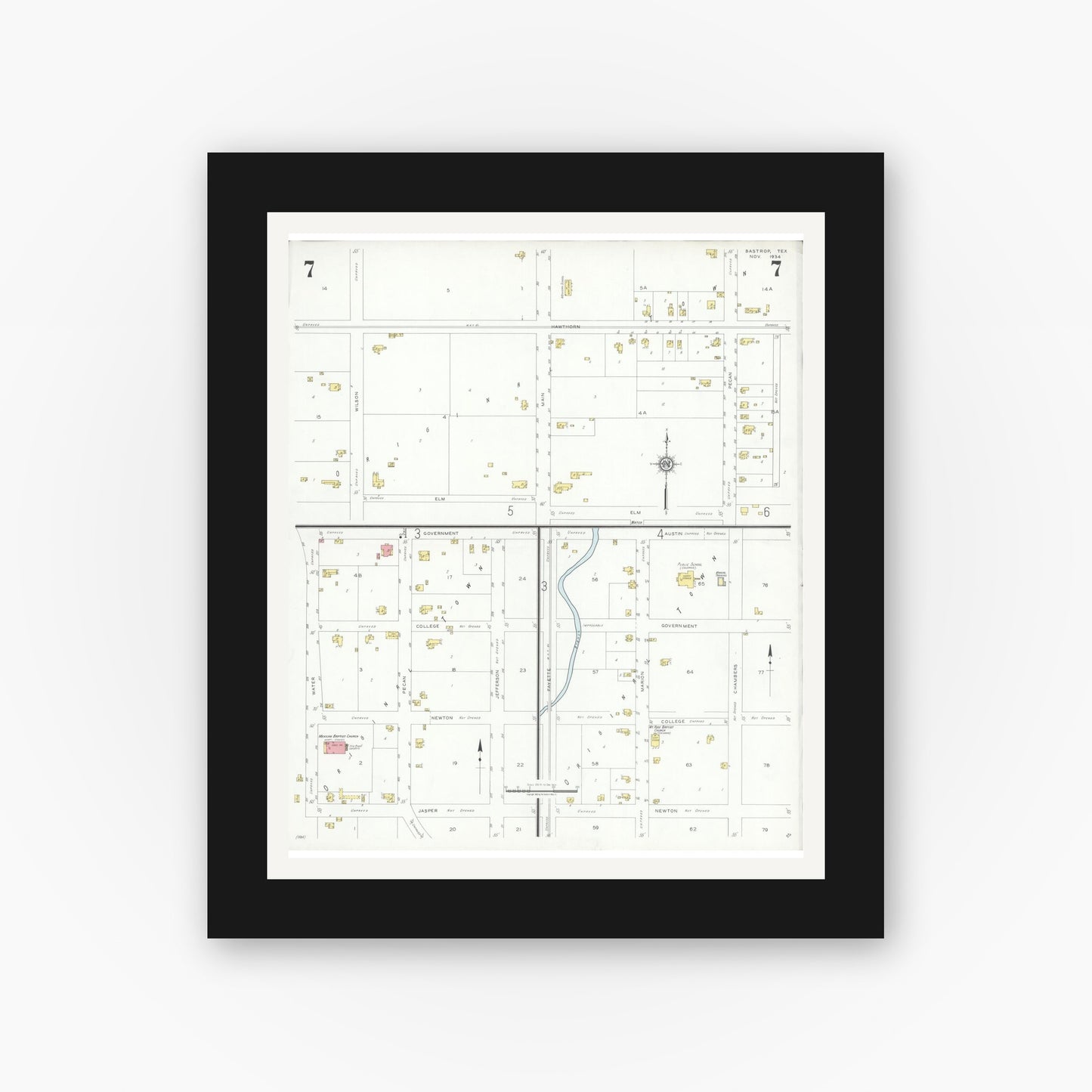 Old map wall art mockup — black gallery frame with white mat — Sanborn Fire Insurance Map from Bastrop, Bastrop County, Texas (1934), Sheet #0007