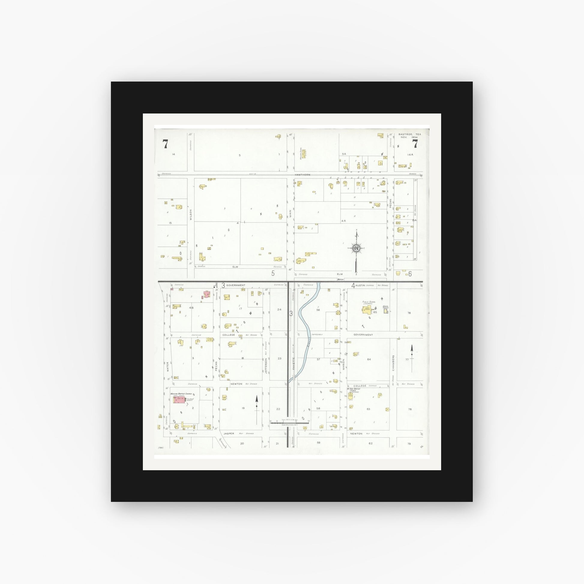 Old map wall art mockup — black gallery frame with white mat — Sanborn Fire Insurance Map from Bastrop, Bastrop County, Texas (1934), Sheet #0007