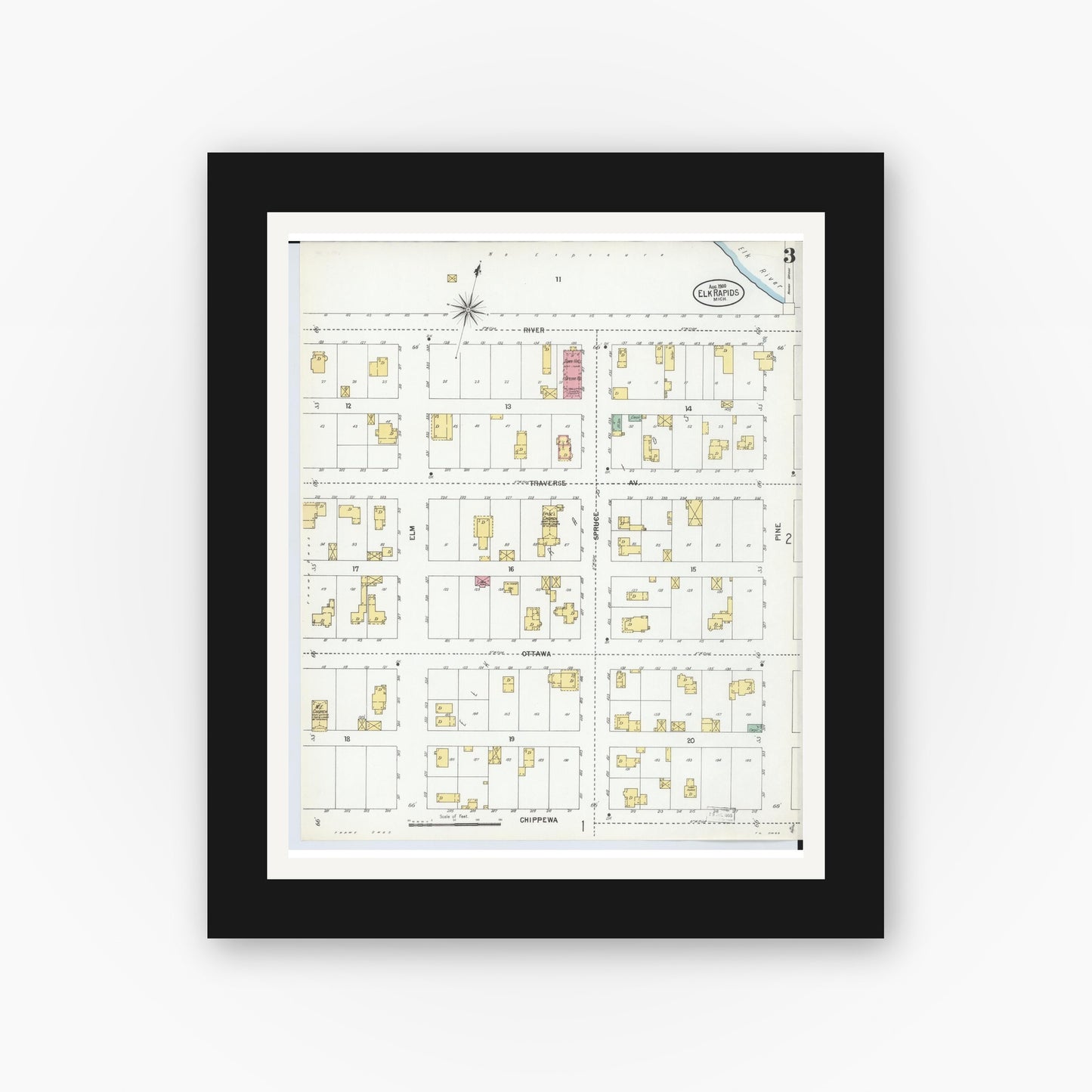 Old map wall art mockup — black gallery frame with white mat — Sanborn Fire Insurance Map from Elk Rapids, Antrim County, Michigan (1900), Sheet #0003