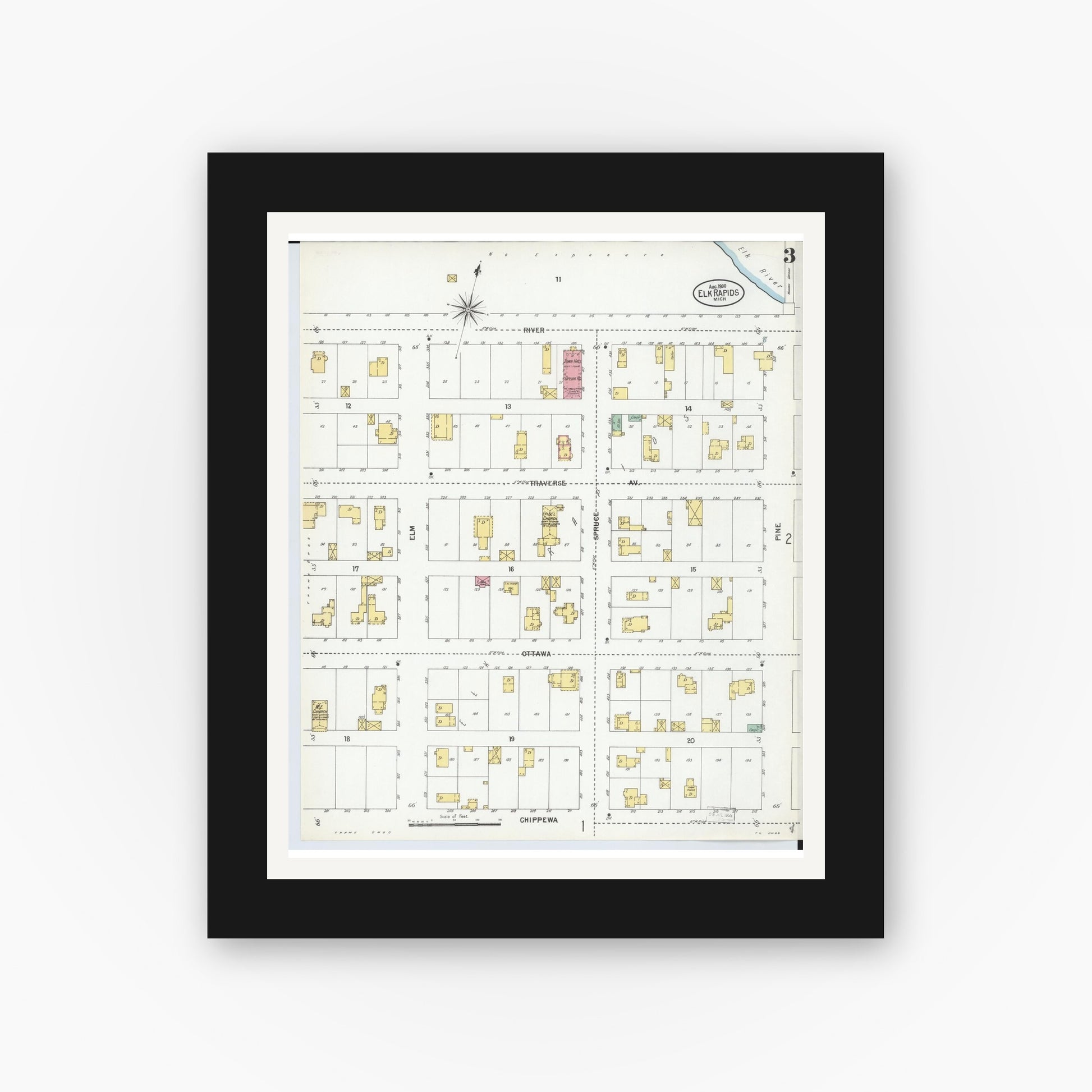Old map wall art mockup — black gallery frame with white mat — Sanborn Fire Insurance Map from Elk Rapids, Antrim County, Michigan (1900), Sheet #0003