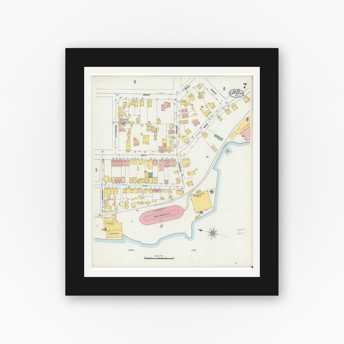 Old map wall art mockup — black gallery frame with white mat — Sanborn Fire Insurance Map from Catskill, Greene County, New York (1903), Sheet #0007