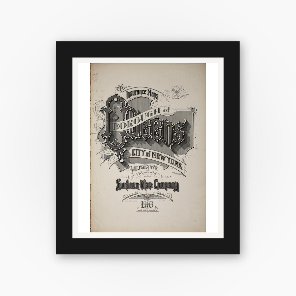 Old map wall art mockup — black gallery frame with white mat — Sanborn Fire Insurance Map from Queens, Queens County, New York (1903), Sheet #0001