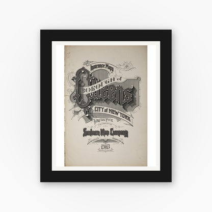 Old map wall art mockup — black gallery frame with white mat — Sanborn Fire Insurance Map from Queens, Queens County, New York (1903), Sheet #0001