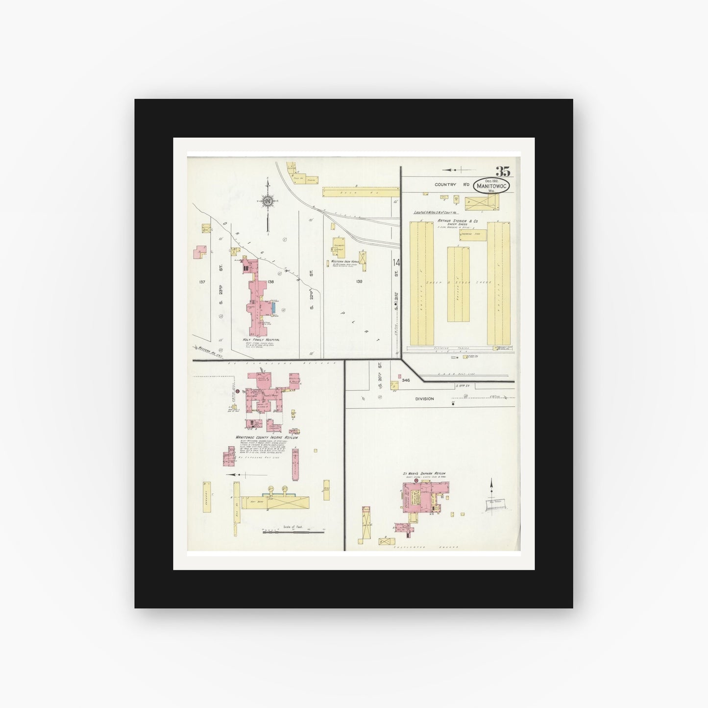 Old map wall art mockup — black gallery frame with white mat — Sanborn Fire Insurance Map from Manitowoc, Manitowoc County, Wisconsin (1912), Sheet #0035