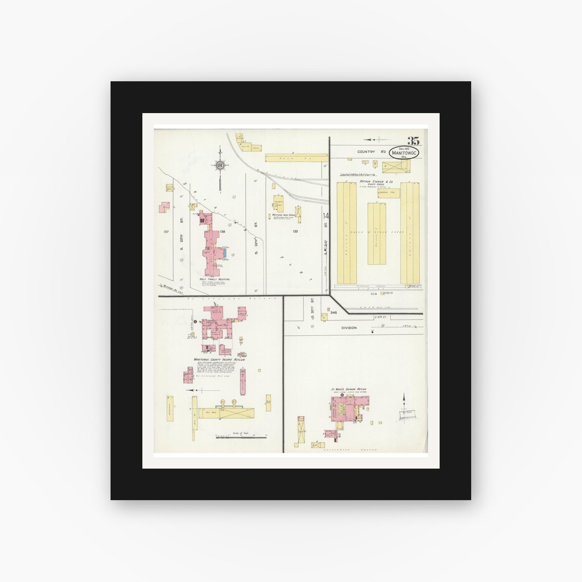 Old map wall art mockup — black gallery frame with white mat — Sanborn Fire Insurance Map from Manitowoc, Manitowoc County, Wisconsin (1912), Sheet #0035