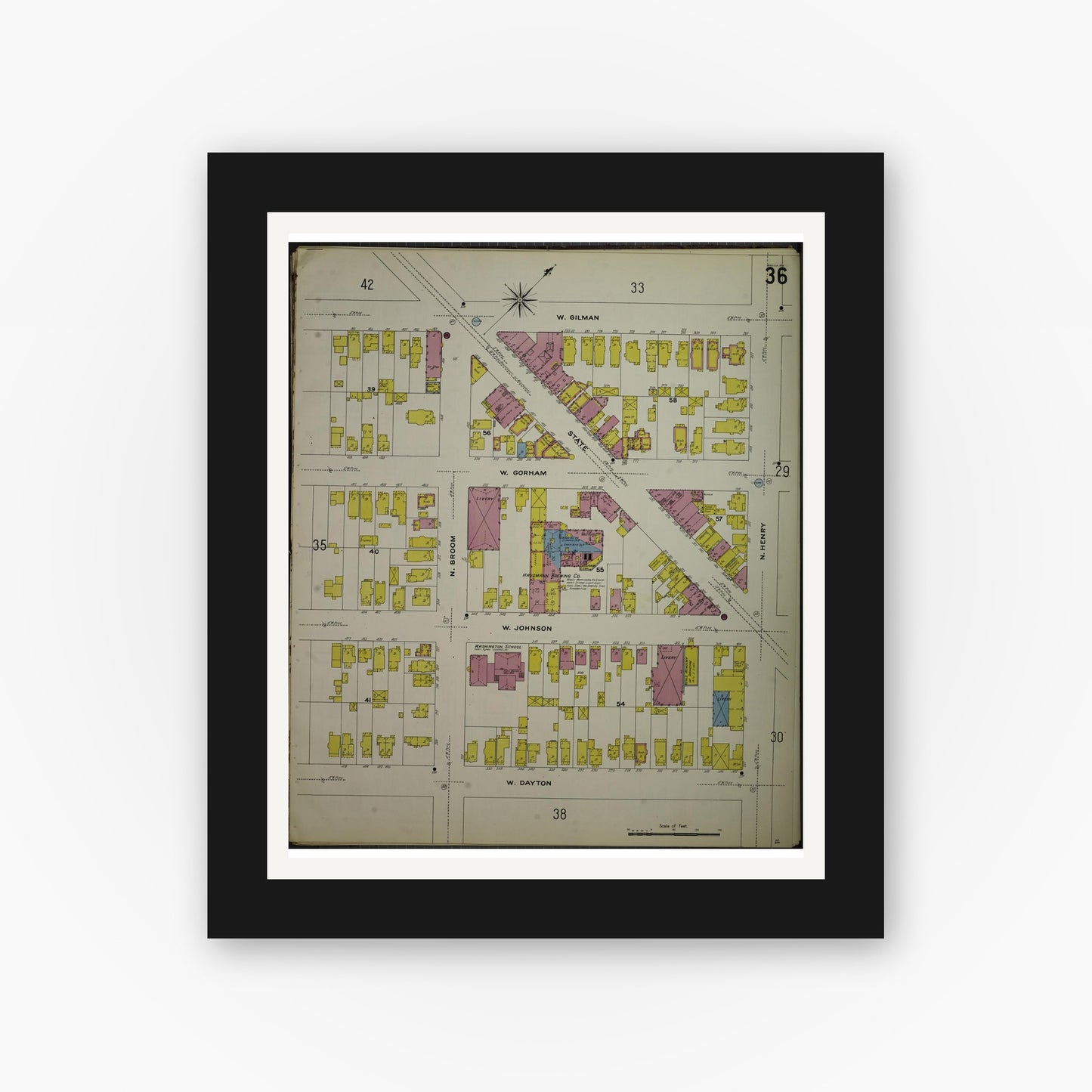 Old map wall art mockup — black gallery frame with white mat — Sanborn Fire Insurance Map from Madison, Dane County, Wisconsin (1908), Sheet #0036