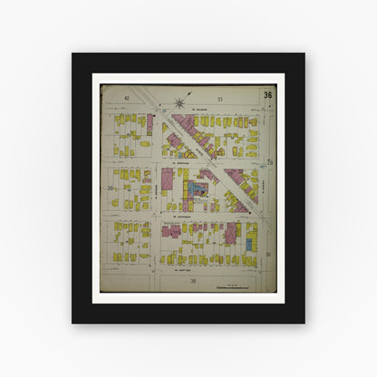 Old map wall art mockup — black gallery frame with white mat — Sanborn Fire Insurance Map from Madison, Dane County, Wisconsin (1908), Sheet #0036