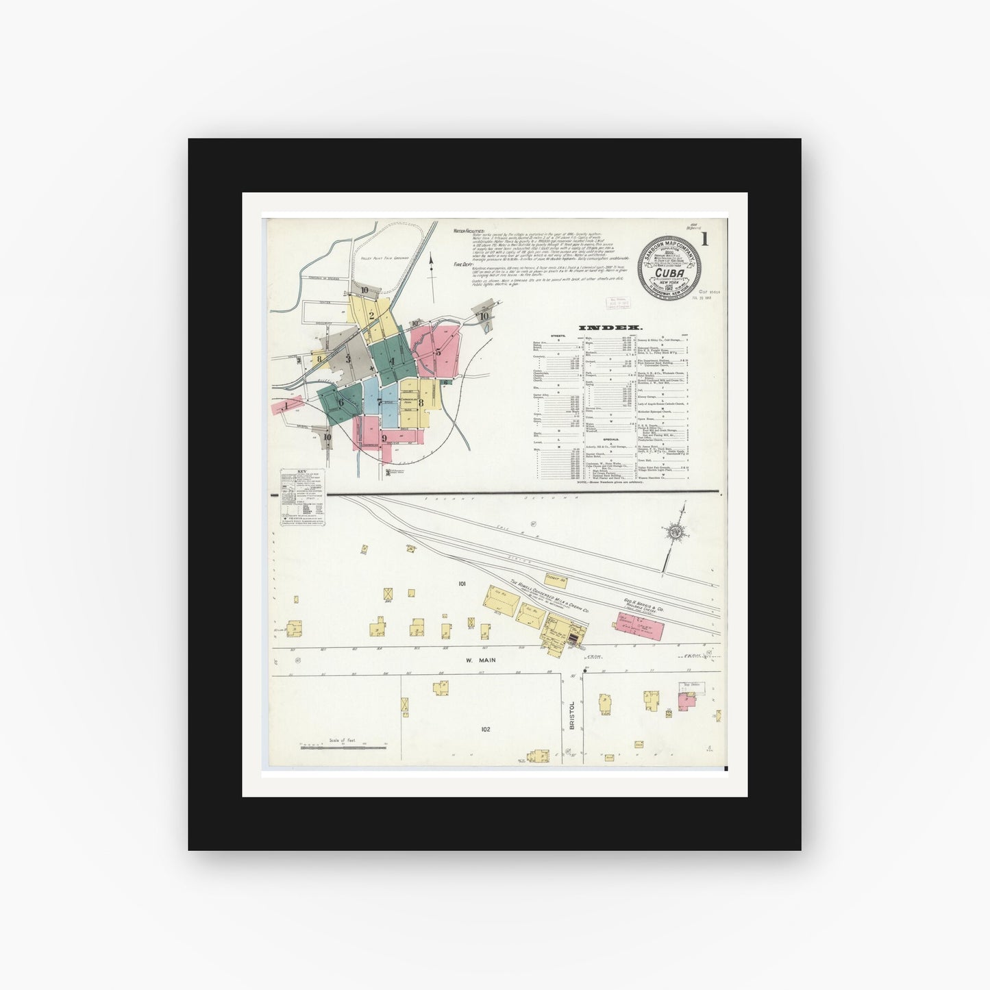 Old map wall art mockup — black gallery frame with white mat — Sanborn Fire Insurance Map from Cuba, Allegany County, New York (1912), Sheet #0001