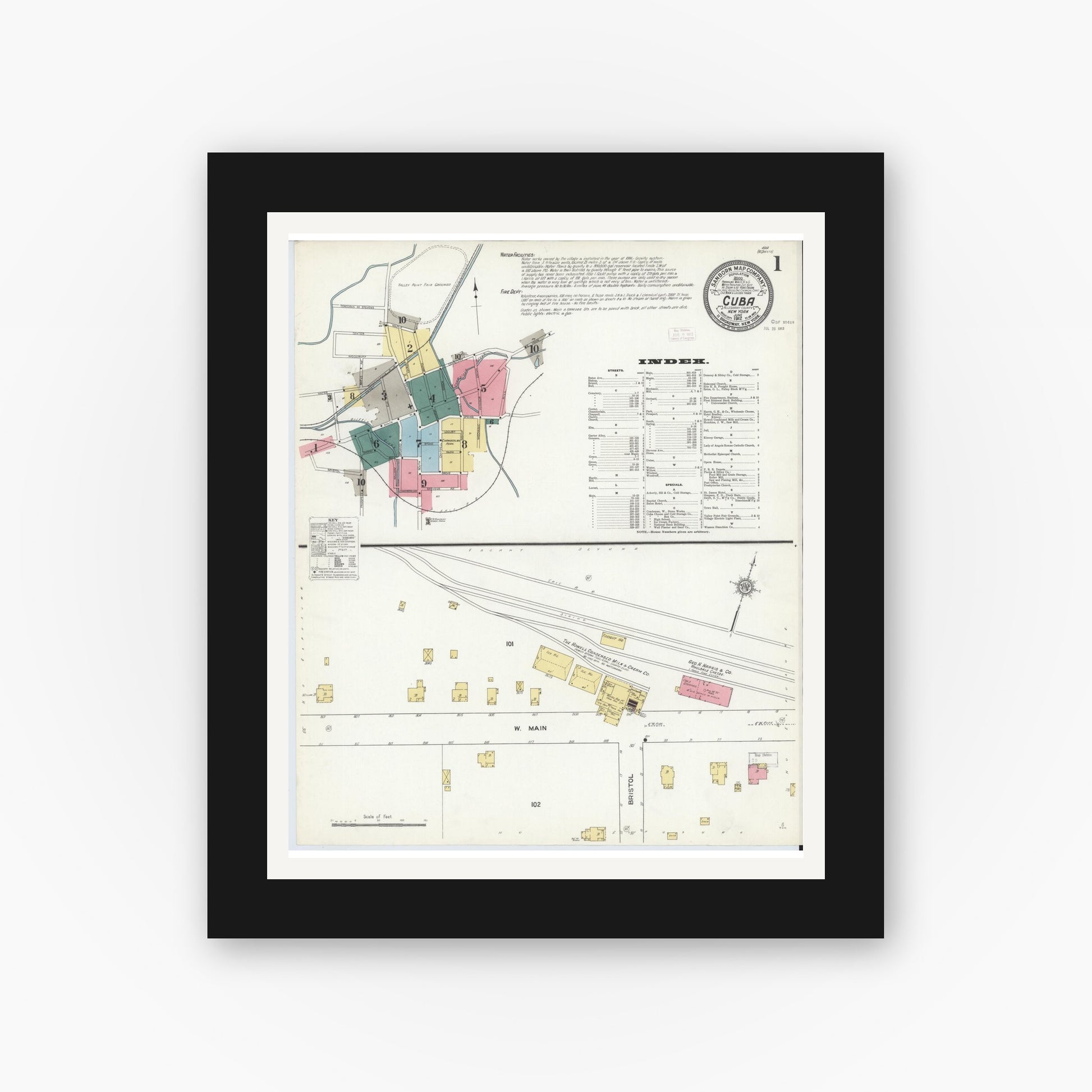Old map wall art mockup — black gallery frame with white mat — Sanborn Fire Insurance Map from Cuba, Allegany County, New York (1912), Sheet #0001