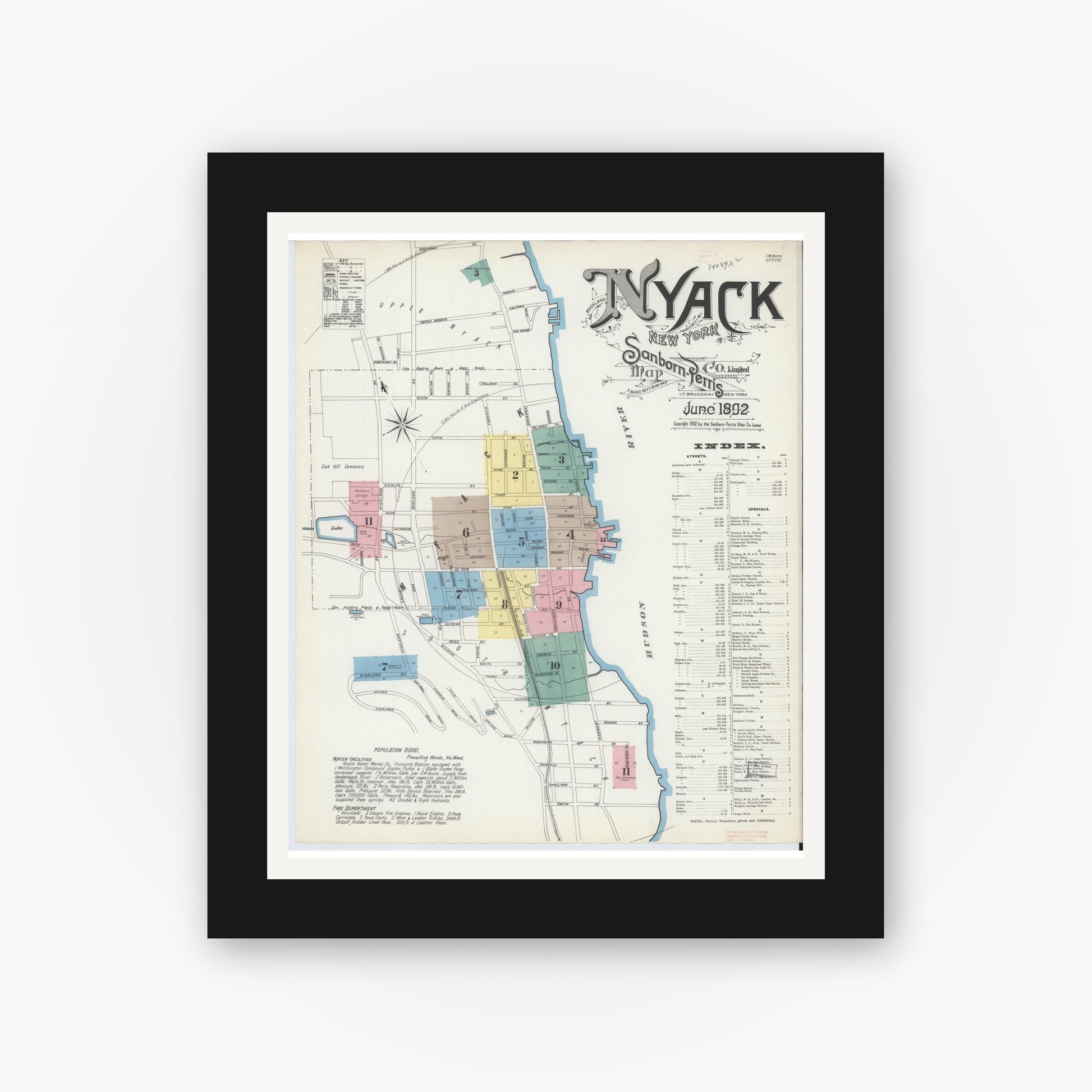 Old map wall art mockup — black gallery frame with white mat — Sanborn Fire Insurance Map from Nyack, Rockland County, New York. (1892), Sheet #0000