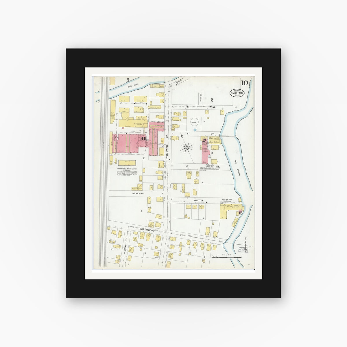 Old map wall art mockup — black gallery frame with white mat — Sanborn Fire Insurance Map from Hyde Park, Norfolk County, Massachusetts (1900), Sheet #0010