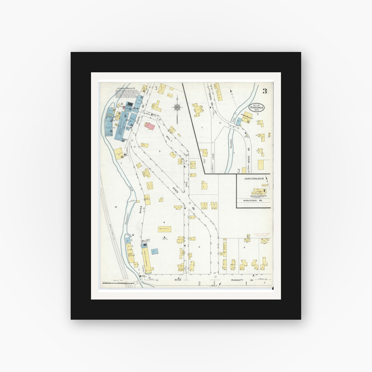 Old map wall art mockup — black gallery frame with white mat — Sanborn Fire Insurance Map from Hinsdale, Berkshire County, Massachusetts (1911), Sheet #0003
