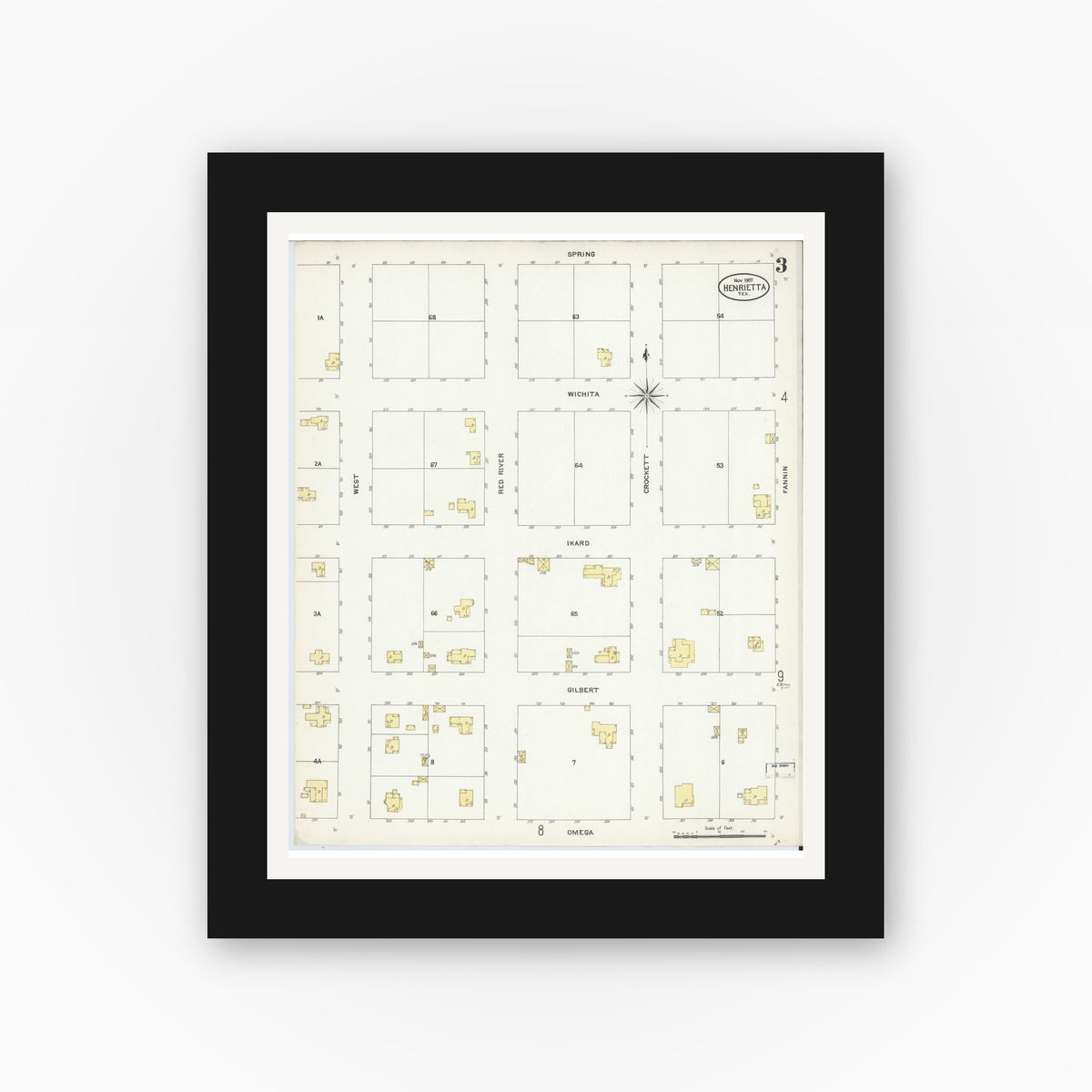 Old map wall art mockup — black gallery frame with white mat — Sanborn Fire Insurance Map from Henrietta, Clay County, Texas (1907), Sheet #0003