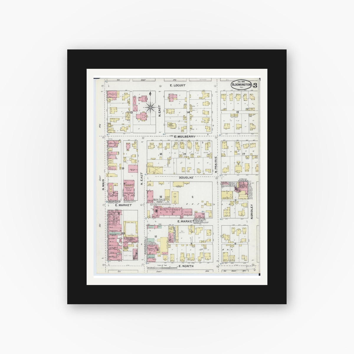 Old map wall art mockup — black gallery frame with white mat — Sanborn Fire Insurance Map from Bloomington, McLean County, Illinois (1892), Sheet #0003