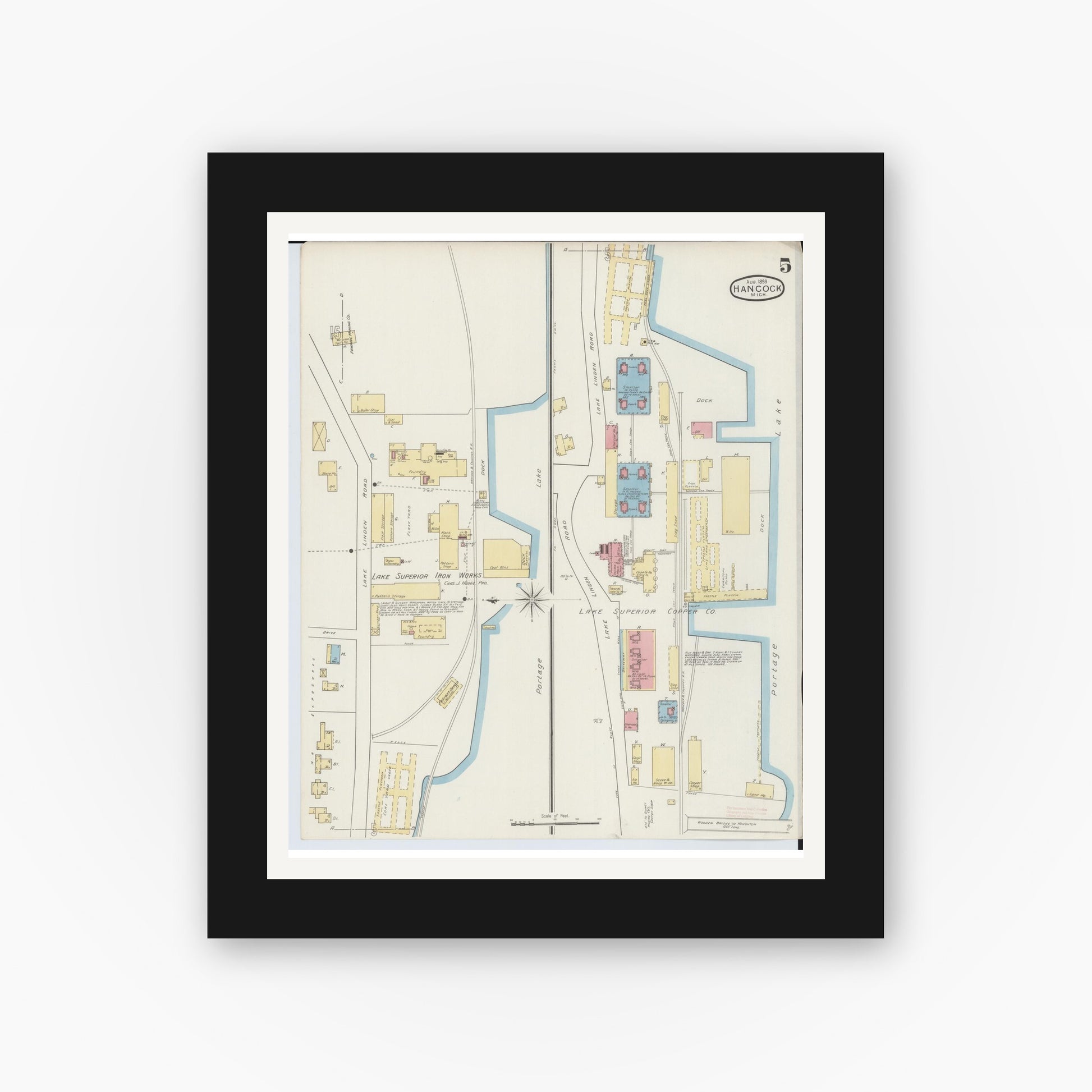 Old map wall art mockup — black gallery frame with white mat — Sanborn Fire Insurance Map from Houghton, Houghton County, Michigan (1893), Sheet #0005