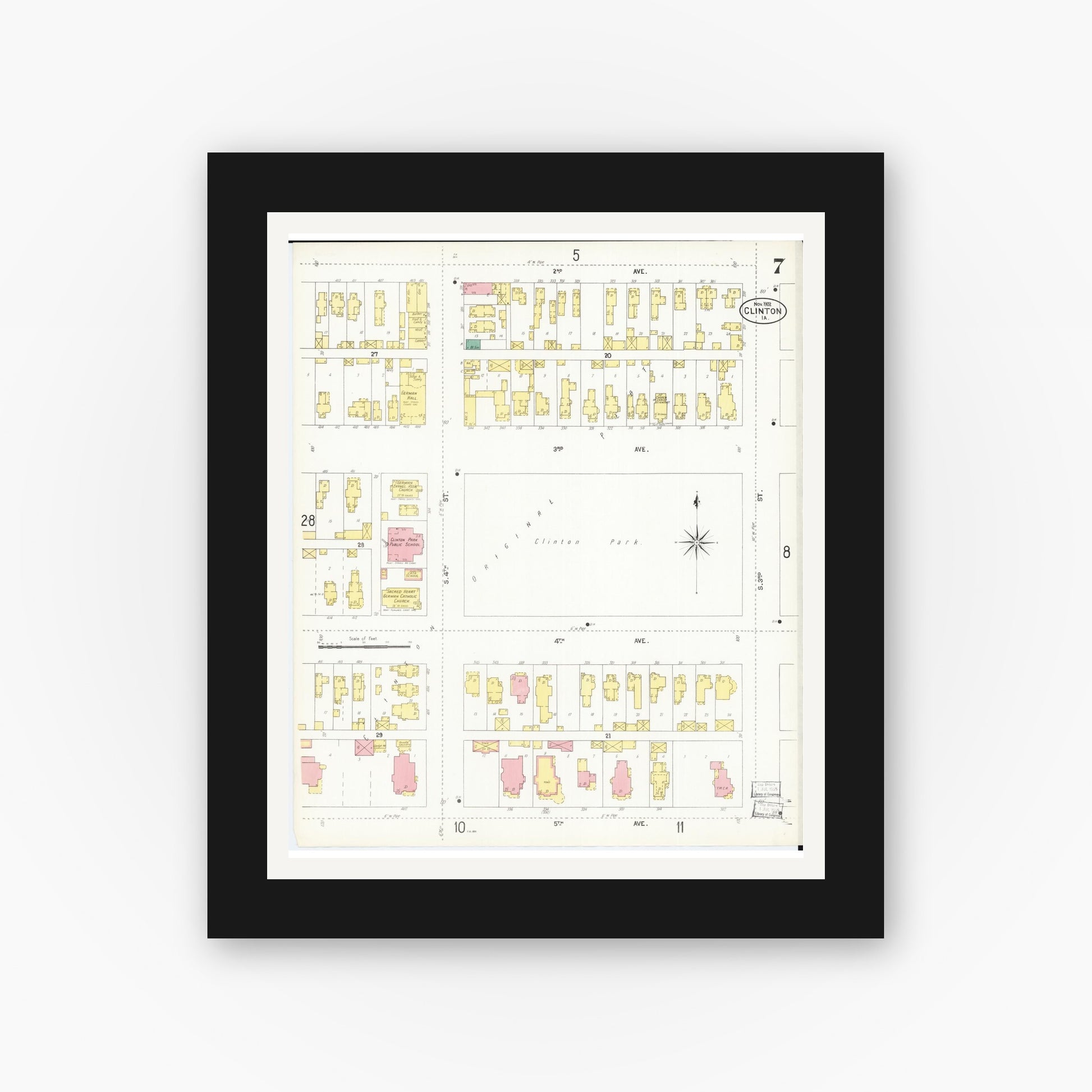 Old map wall art mockup — black gallery frame with white mat — Sanborn Fire Insurance Map from Clinton, Clinton County, Iowa (1902), Sheet #0007