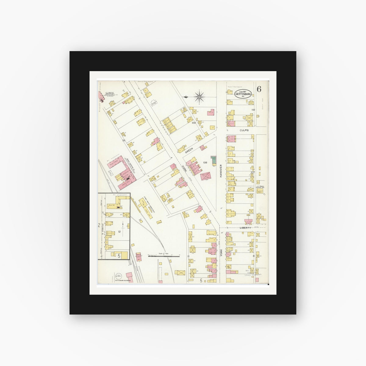 Old map wall art mockup — black gallery frame with white mat — Sanborn Fire Insurance Map from Gettysburg, Adams County, Pennsylvania (1907), Sheet #0006