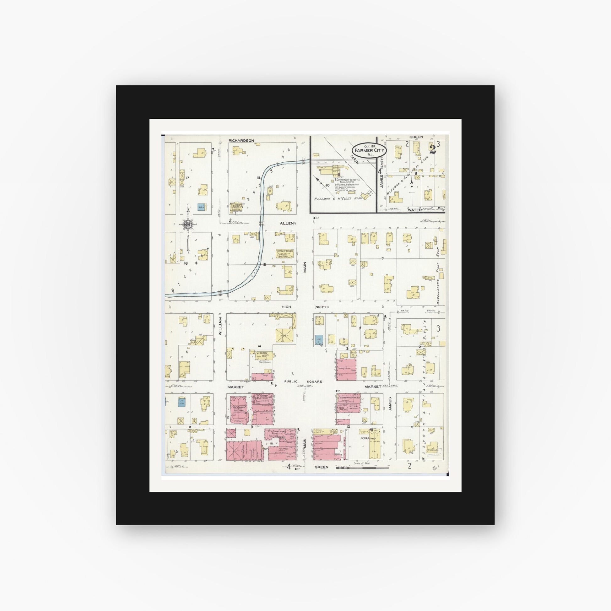 Old map wall art mockup — black gallery frame with white mat — Sanborn Fire Insurance Map from Farmer City, De Witt County, Illinois (1911), Sheet #0002