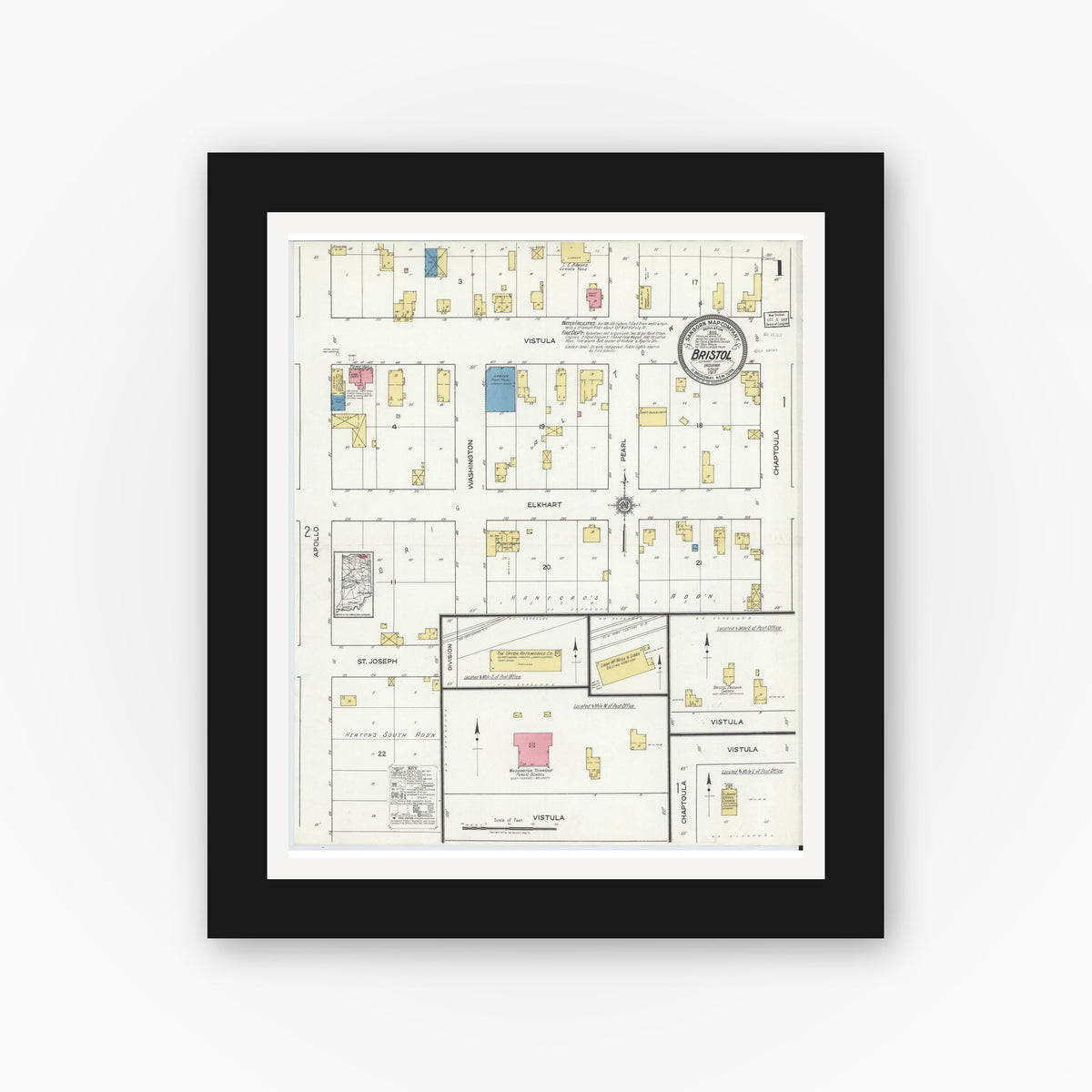 Old map wall art mockup — black gallery frame with white mat — Sanborn Fire Insurance Map from Bristol, Elkhart County, Indiana (1917), Sheet #0001