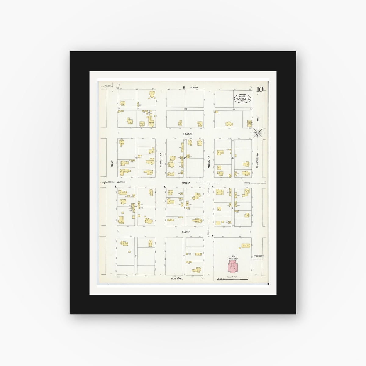 Old map wall art mockup — black gallery frame with white mat — Sanborn Fire Insurance Map from Henrietta, Clay County, Texas (1907), Sheet #0010