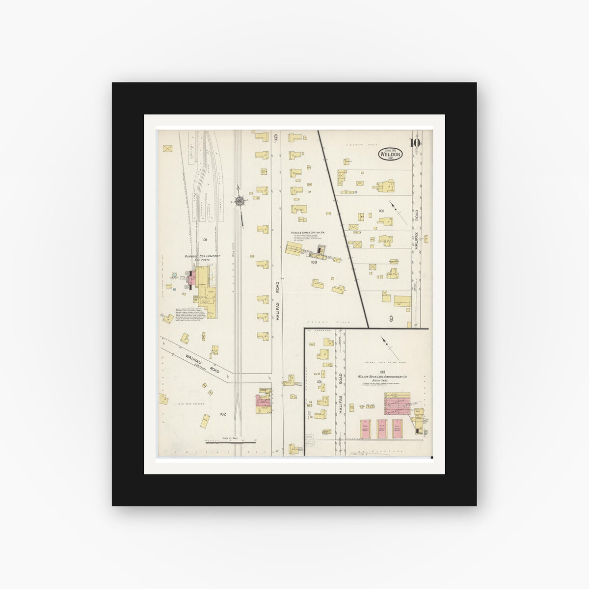 Old map wall art mockup — black gallery frame with white mat — Sanborn Fire Insurance Map from Weldon, Halifax County, North Carolina (1915), Sheet #0010